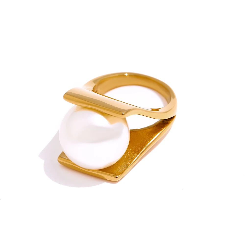 JINYOU 645 Elegant Simulated Pearls 18K Gold Plated Ring for Women New Stainless Steel Ring MegaBDM
