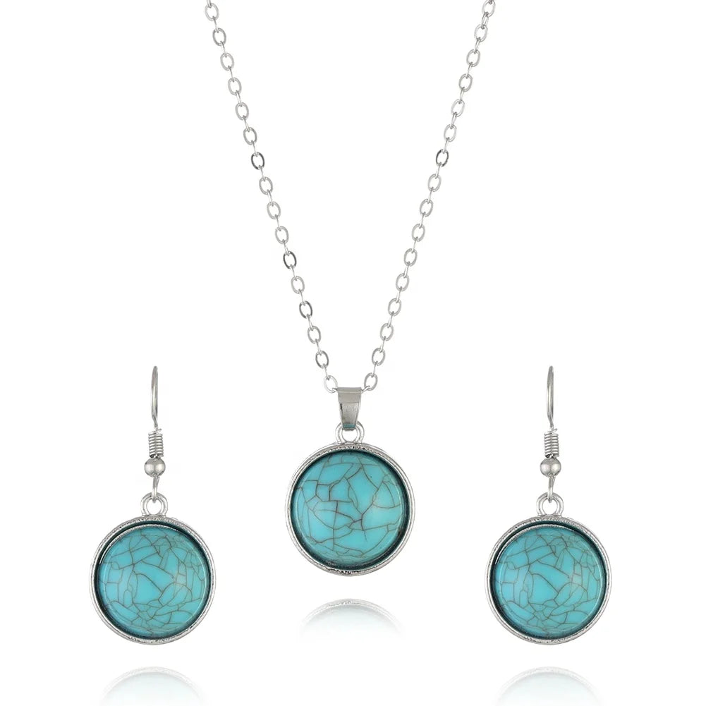New Design Retro Turquoise Zinc Alloy Necklace Earring Set for Women for Wedding Engagement or Party Gift Jewelry Accessories
