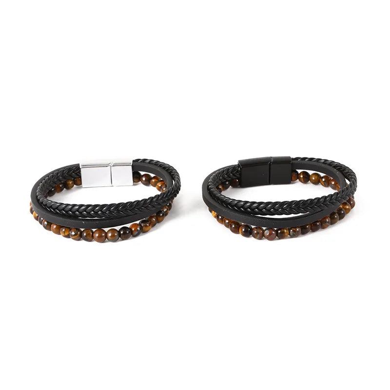 Fashion Stainless Steel Bracelet Titanium Steel Tiger Eye Hand-woven Volcanic Stone Agate Bead Men Bracelet
