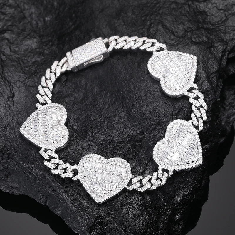 New Item18mm Baguette Moissanite Heart Cuban Link Bracelet 925 Silver Hip Hop Jewelry Iced Out Bracelet for Men Women