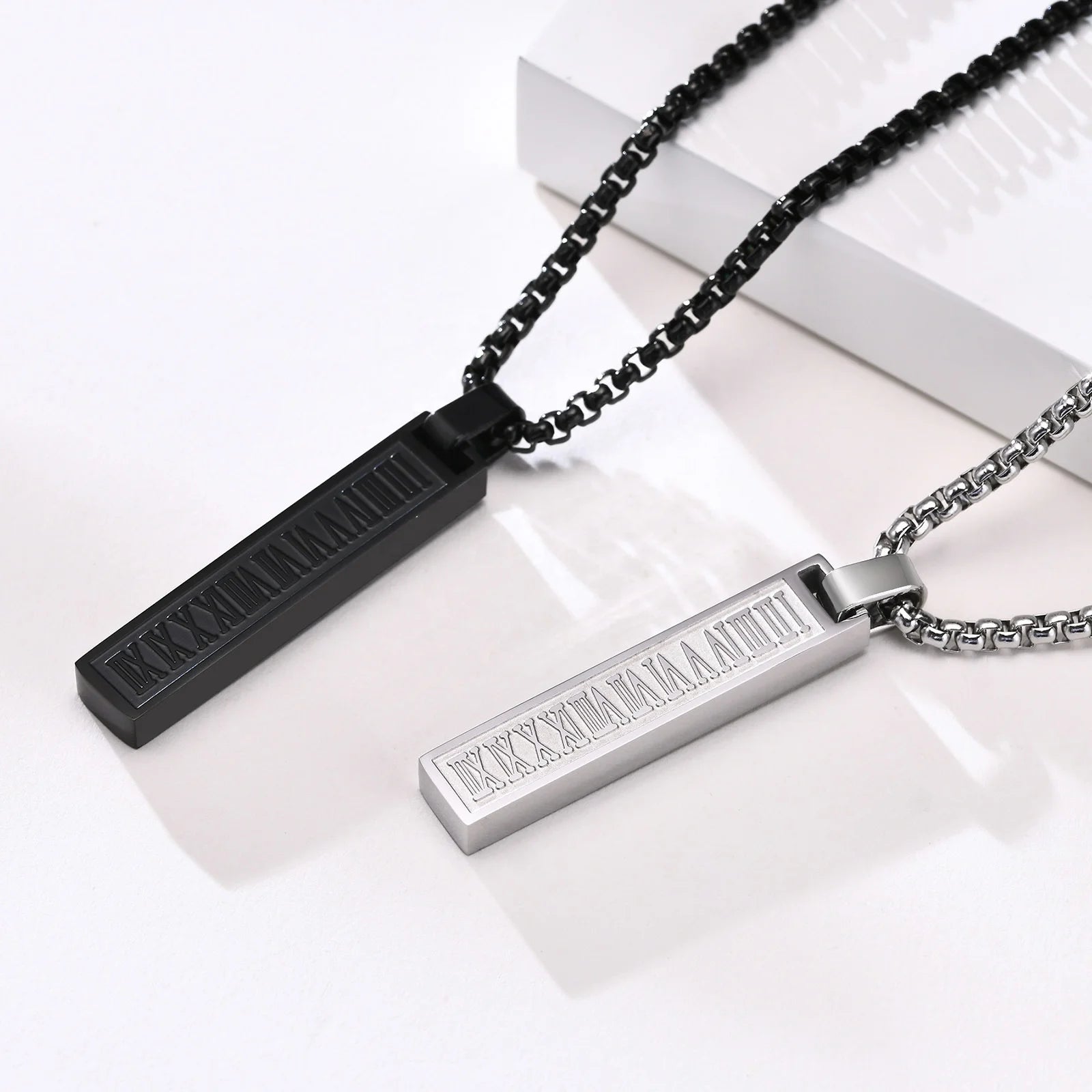 Men Black Plated Roman Numeral Engraved Rectangle Pendant Necklace With Stainless Steel Chain