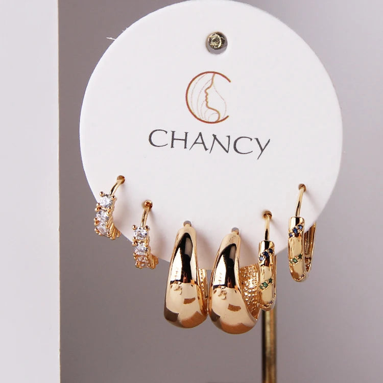 3 Pairs/Set Women'S Fashion Jewelry Korean Hoop Earrings Set Mixed Designs Brass CZ 16K Gold Plating Stud Earrings Set