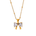 J&D 18K Gold Plated Stainless Steel Bow Knot White Cubic Zirconia Pendant Necklace 40+5cm
