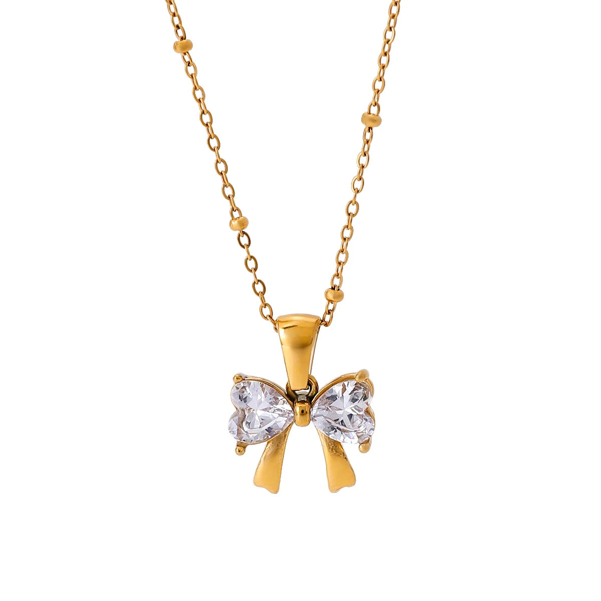 J&D 18K Gold Plated Stainless Steel Bow Knot White Cubic Zirconia Pendant Necklace 40+5cm