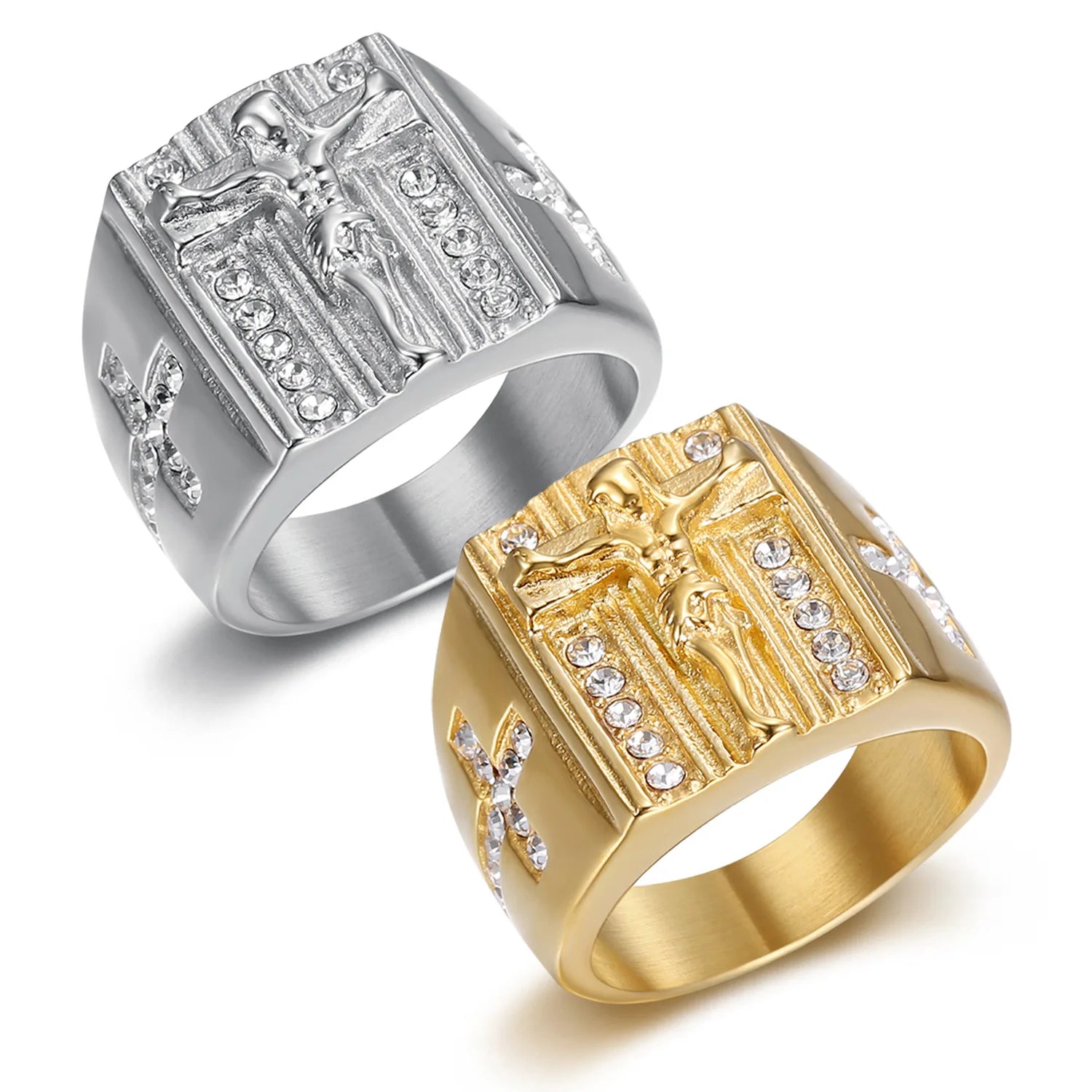 Wholesale Man Jewelry Religious Accessories Stainless Steel Diamond Christian Jesus Cross Ring