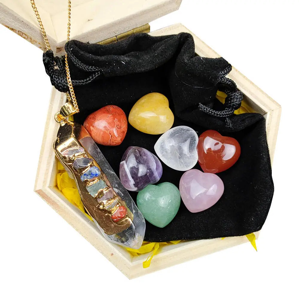 Natural Gemstone Wooden Case Chakra Crystal Heart and Crystal Pendant Assortment Decoration DIY Gift