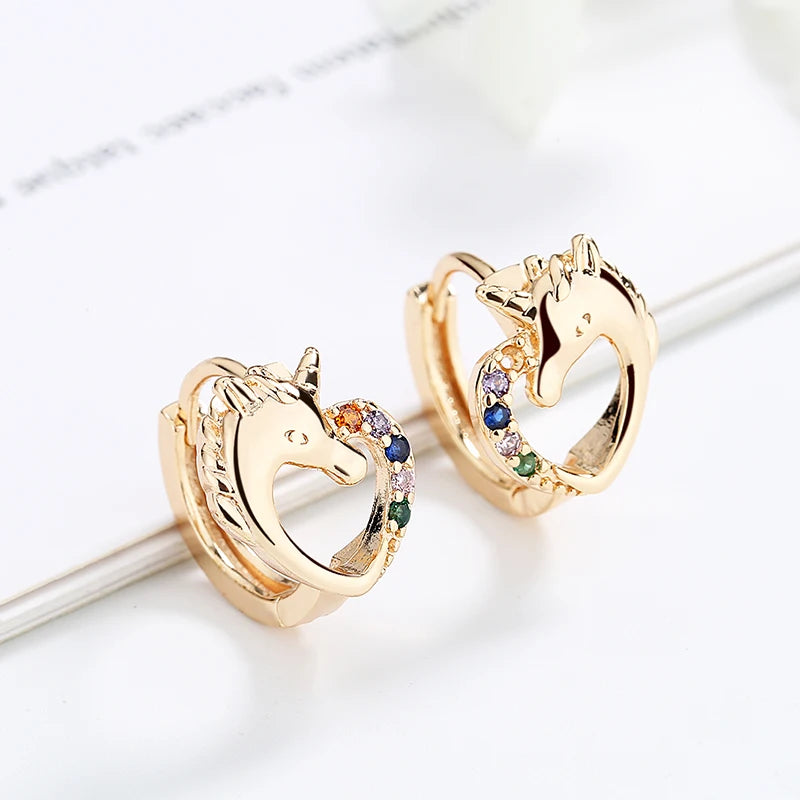 18k Laminated Gold Kawaii Jewelry unicorn Earring Girls Teenager Accessories Colorful Cz Zircon Huggie Hoop Earrings