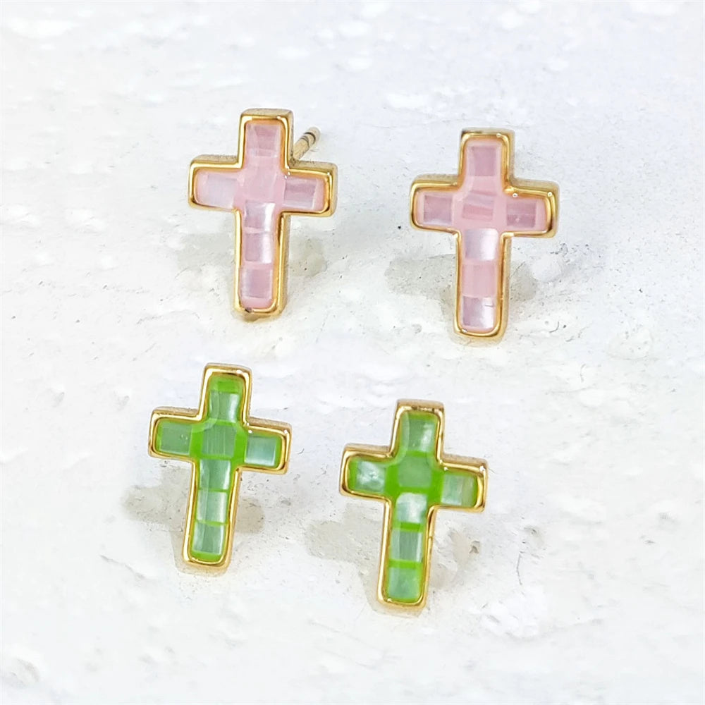2025 New Arrivals S92 Sterling Silver Earrings Gold Plated Cross Shaped Stud Earrings with Natural Shell Ear Jewelry for Women