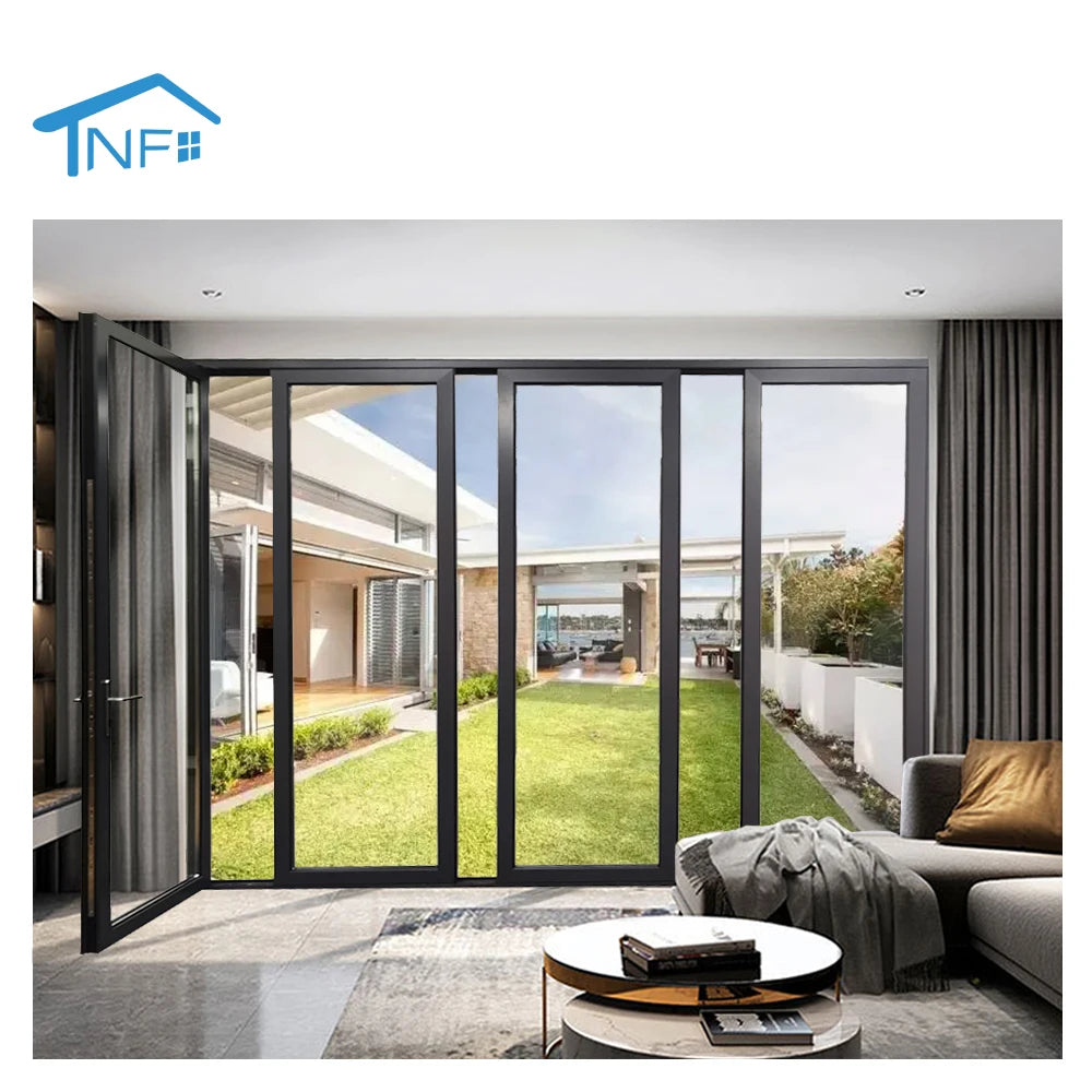 Factory Price Villa Aluminum Alloy Panoramic Foldable Door Double Tempered Glass Stainless Steel Flyscreen Modern Windproof