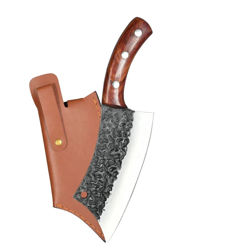 Hand Forged Outdoor Commercial Kitchen Butcher Cleaver Set Wood Handle Sheath with Metal Steel Blade for Boning Meat Slaughter