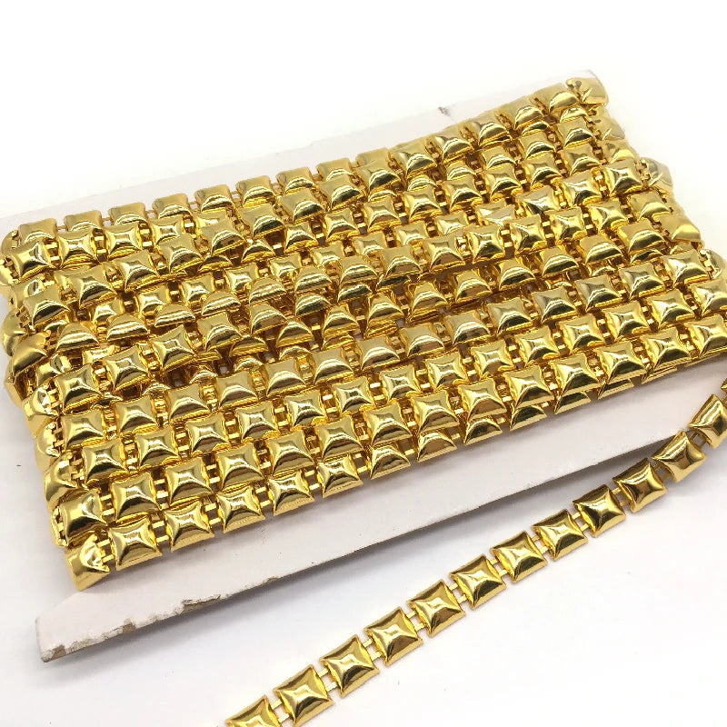 Wholesale Bulk Fabric Gold Metal Rhinestone square Metallic Gold Chain Trimmings for Sew on Garment