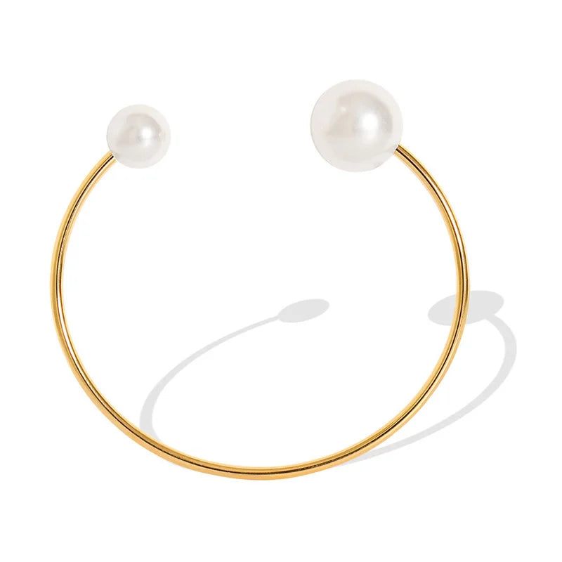 Trendy 18K Gold Plated  Open Adjustable Stainless Steel Imitationed Pearl Opening  for Women Jewelry