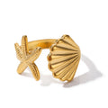 Ins Ocean Summer Style Jewelry Stainless Steel 18K PVD Plated Shell and Starfish Rings Tarnish Free Rings for Girls