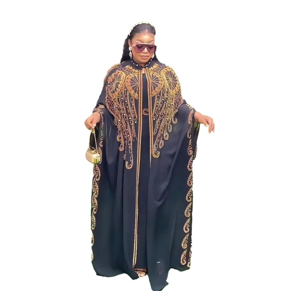 Elegance Women's Summer Kaftan Dress Luxury African Style Loose Robe with Rhinestone Plus Size