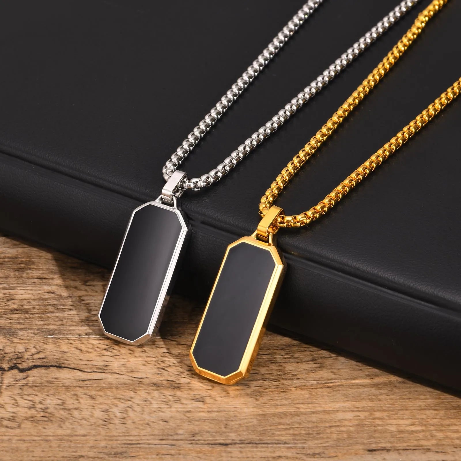 Vintage Antique Gold Silver Gemstone Pendant Necklace Rectangle Stone Pendant Black Onyx Necklace for Men Jewelry