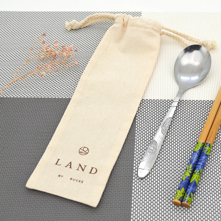 Outdoor Fashion Designed Cute Small Natural Cotton Drawstring Bag Manufacture Chopsticks Fork Straw Pouch Bag Holder