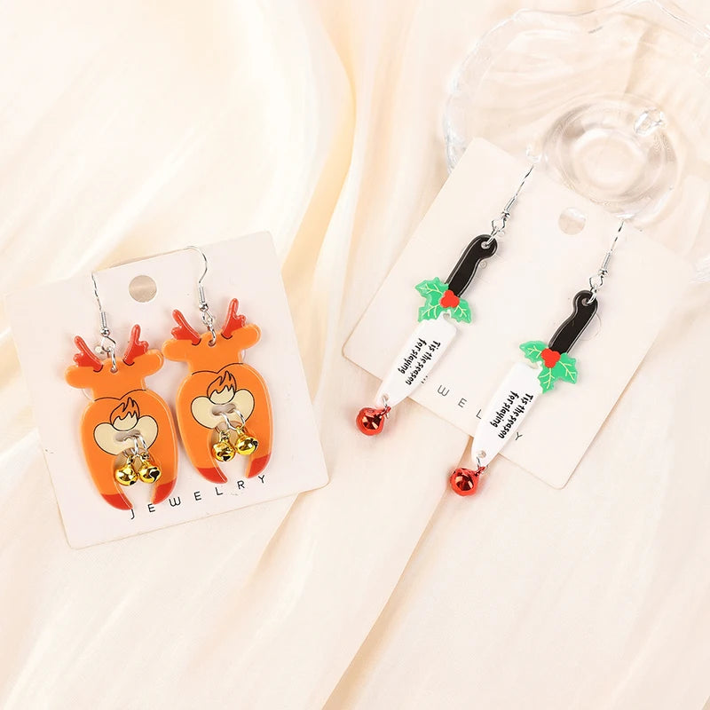 1Pair Christmas Bells Drop Earrings Acrylic Reindeer Knife for Woman Girl Holiday Birthday Gift