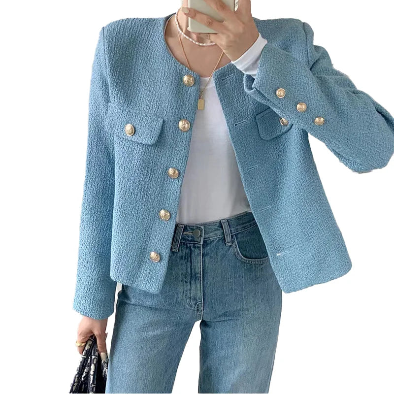 2025 Spring Autumn Women Korean Style Jacket O-Neck New Fashion French Style Loose Button Lady Elegant Long Sleeve Short Coat