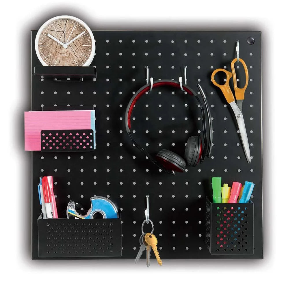 Customizable Metal Square Pegboard Wall Mount Office Organizer Garage Kitchen Tools 25kg Capacity Black Single Tier