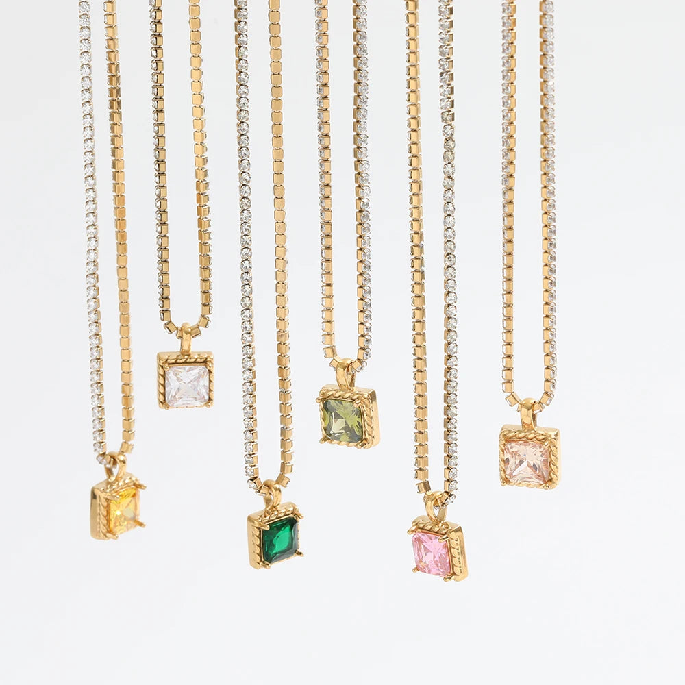 Fenny 18K Gold Plated Wholesale No Fade Shiny Clear Zirconia Pave Chain Colorful Square Zircon Pendant Stainless Steel Necklace