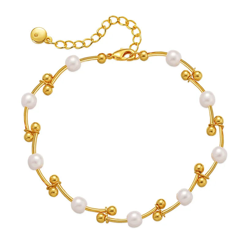 Personality Knotted Gold Bead Copper Pipe Design Pearl Turquoise Bracelet Plated 18K Gold Beaded Bracelet for Women