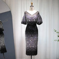 Jancember LSCZ138 Modest Fancy Black Puff Sleeves Shinning Sequins V-neck Evening Dress
