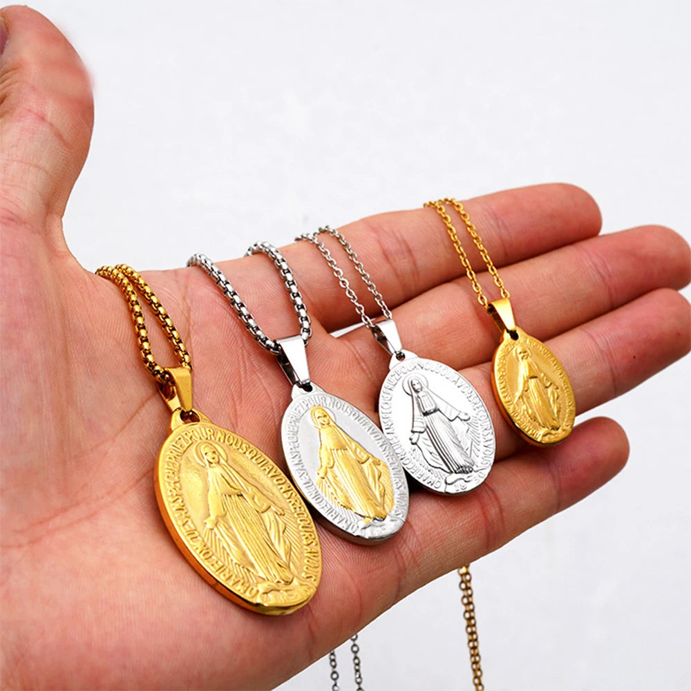 Fashion Blessed Stainless Steel Men's Women Miraculous Medal Holy Mother Virgin Mary Pendant Necklace Catholic Religious Jewelry