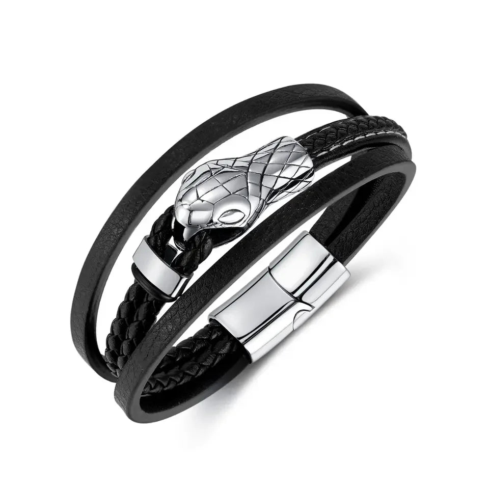 Hip-Hop Men's Stainless Steel Snake Magnetic Clasp Bangle Jewelry Punk Woven Genuine Leather Bracelet for Men PH1527