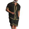 Premium Summer Fashion Men's Greek Key Pattern 2 Piece Outfit Casual Short Sleeve Shirt & Shorts Set for Summer & Street Wear