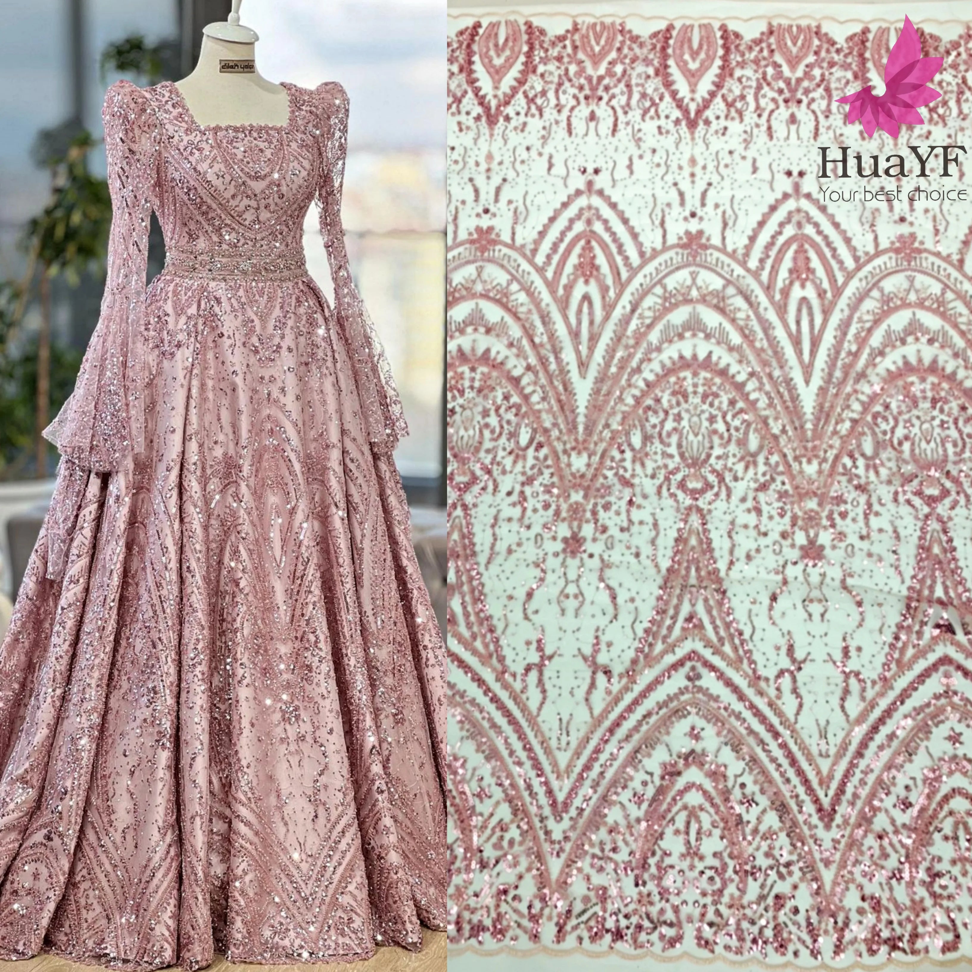 2022 New French pink 3d Beaded Sequins Lace Bridal Wedding Lace Dress Fabric 5 Yards HY1794