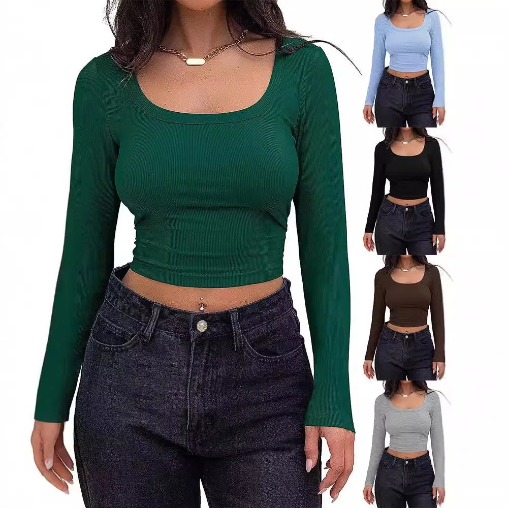 New European American Popular Summer Slim Short Long-Sleeved Square Neck Threaded Pit Strips Women's T-Shirt