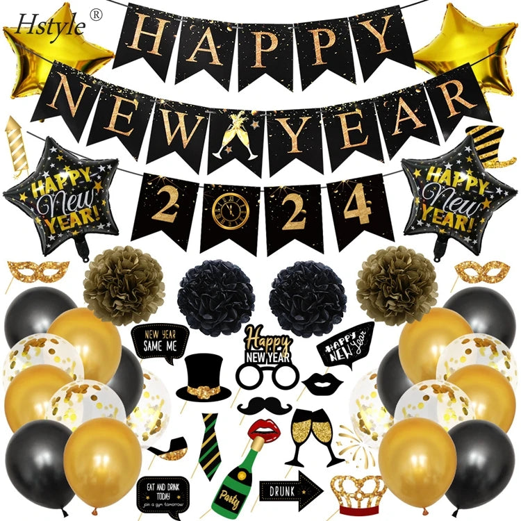 Happy New Year Party Decoration Supplies-2024 Banner Foil Balloon Swirls Photo Booth Props New Years Eve Black and Gold ST199