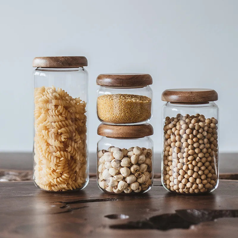 Home Glass Storage Jars Borosilicate Kitchen Container Canisters with Acacia Wood Air-tight Lid Glass Food Storage Containers