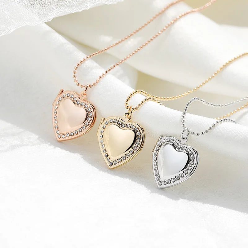 18k Gold Picture Frame Jewelry Clavicle Chain Blanks Crystal Diamond Heart Pendent Locket Necklace for Valentine Gift