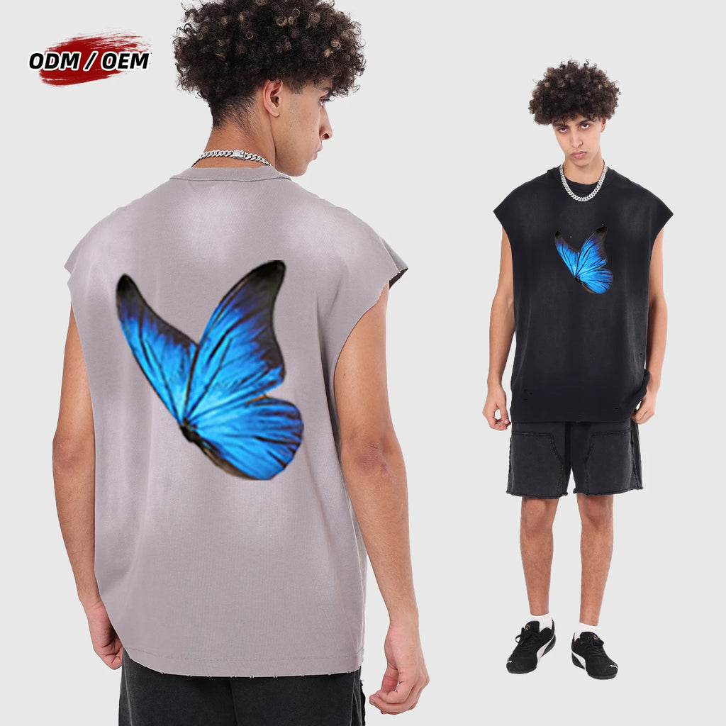 Custom High Quality Oversized 100% Cotton Washed and Cut Blank Vintage Sleeveless T Shirt for Men