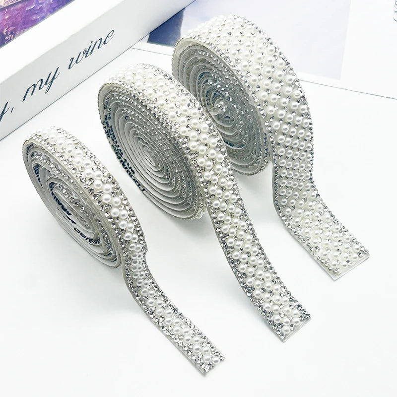 Bling Crystal Pearl Trim Rhinestone Ribbon for Wedding Home Textile Decoration Clothing Accessories