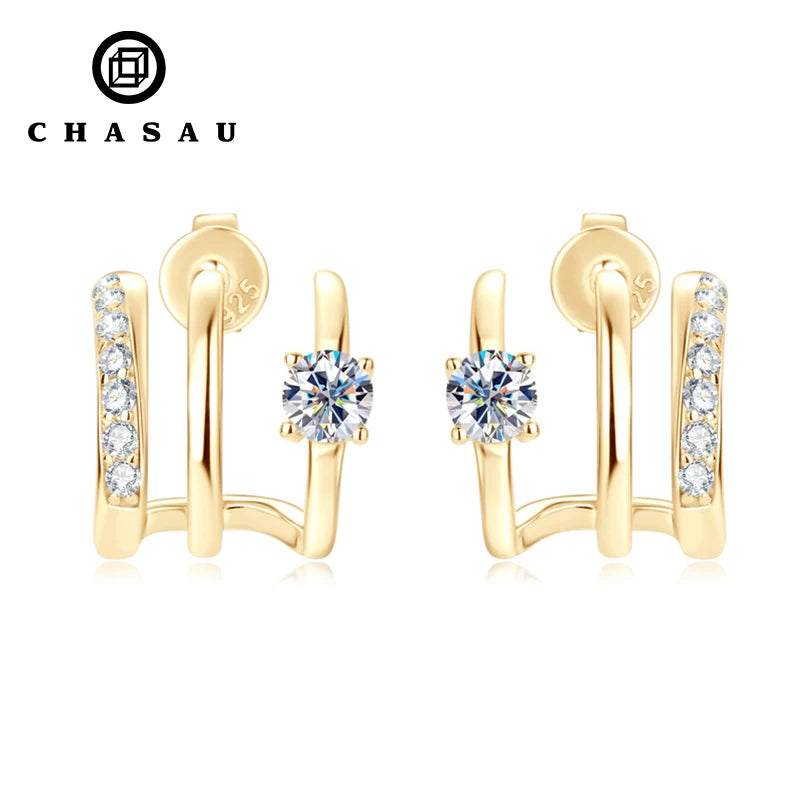 Women's 925 Sterling Silver Moissanite Stud Earrings Half Open Cuff Piercing and Triple Side Hoops Real 925 Silver Jewelry