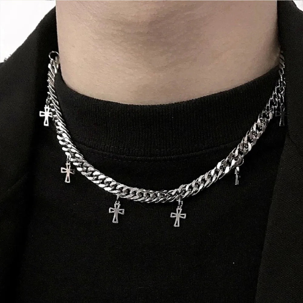 VAF 45+10CM Cuban Chain with Multiple Cross Pendants Necklace Coole Halskett Mann