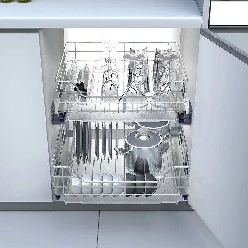 Modern Design Stainless Steel Chrome Plated Modular 3-Sided Waterproof Eco-Friendly Kitchen Basket Soft Close Slide Storage