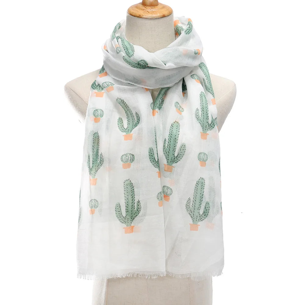 Spring Summer 100% Polyester Women Fashion Soft Shawl Green Cactus Printing Long Scarf