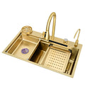Hot Selling Modern Gold Smart Waterfall Single Bowl Rectangular Brushed Surface Four Hole Stainless Steel Kitchen Sink SUS304