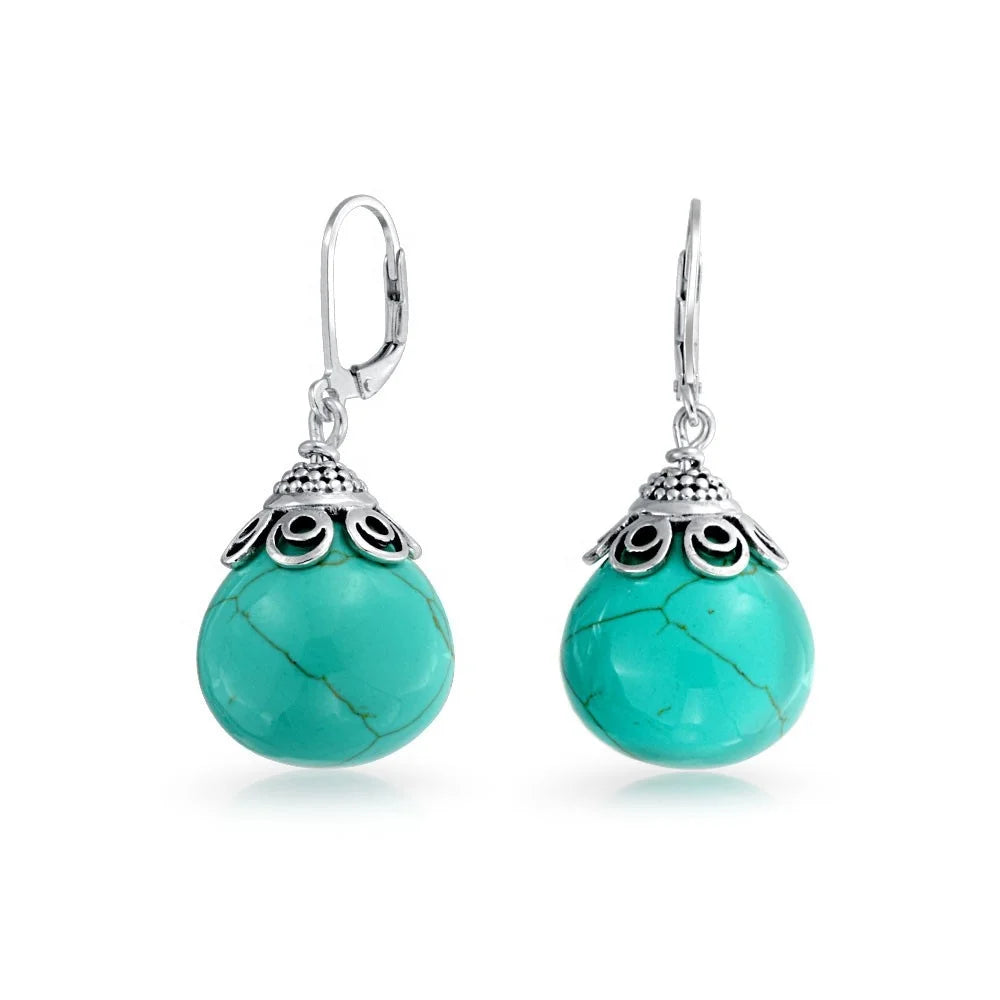 Vintage Woman Turquoise Jewelry Gemstone Level Back Earring 925 Sterling Silver Dangle Earrings Jewelry