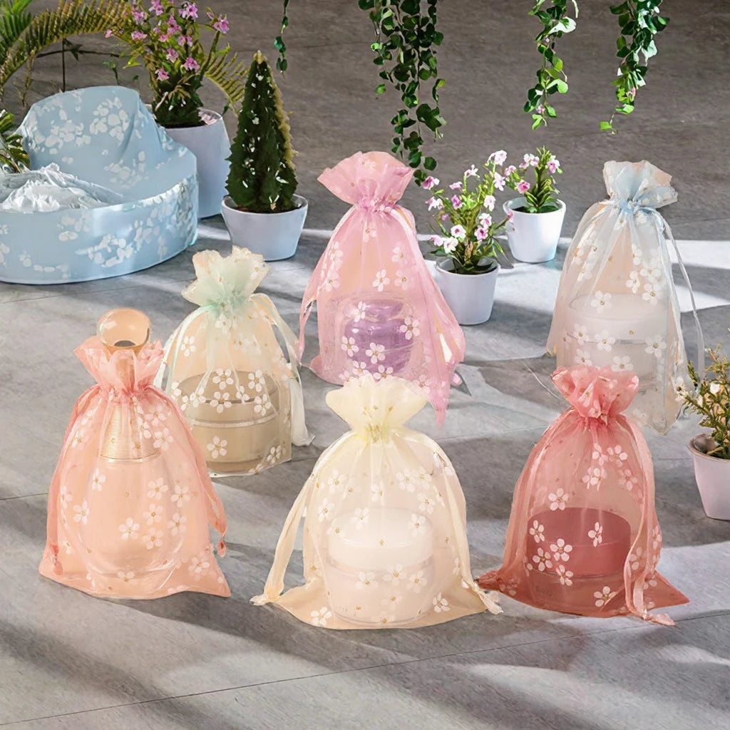 MU 10*14Cm High Density Quality Drawstring Organza Sachet Bags Digital Printing Flowers Jewelry Gifts PVC Material Carton