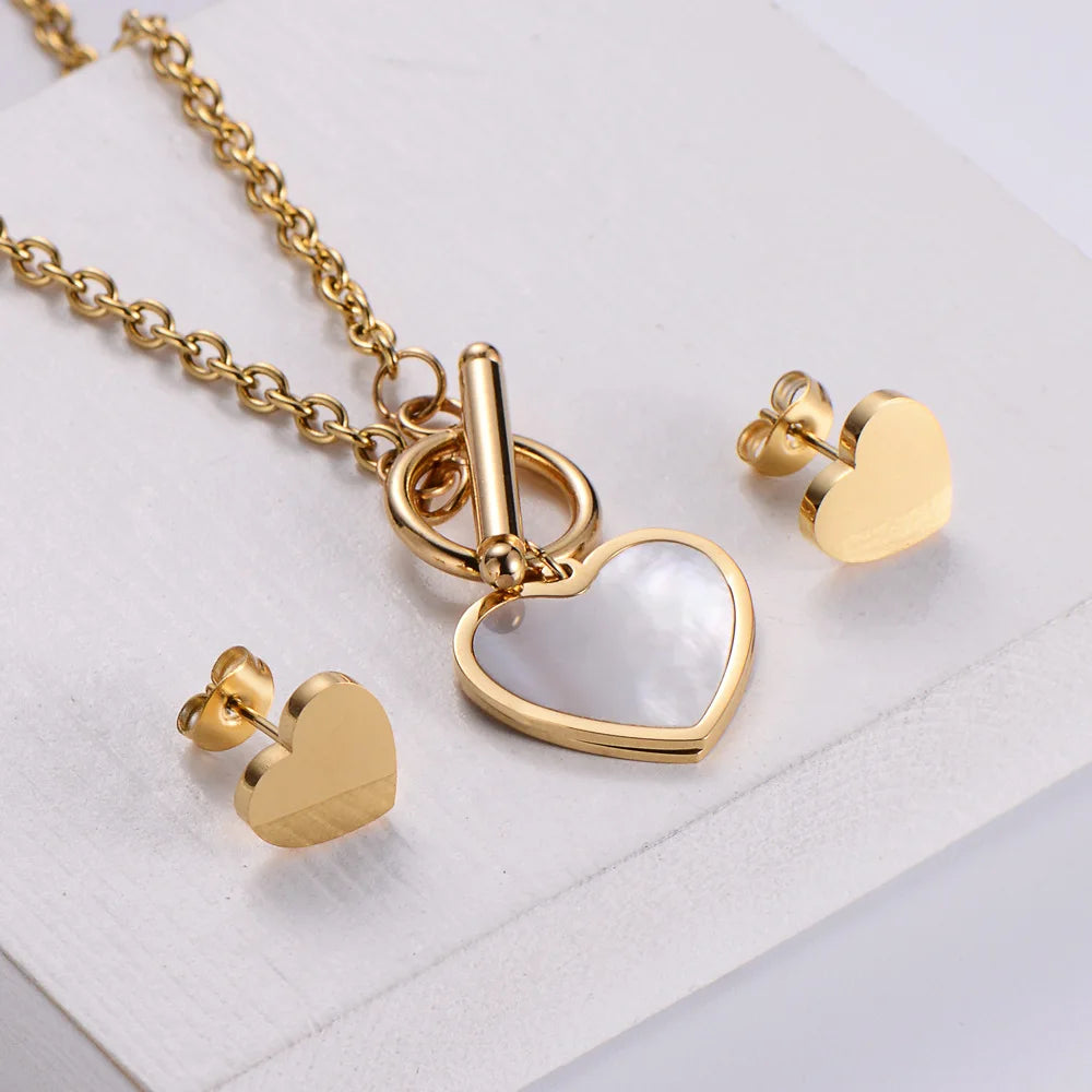 Stainless Steel Toggle Clasp Heart Necklace and Earring Jewelry Sets for Women