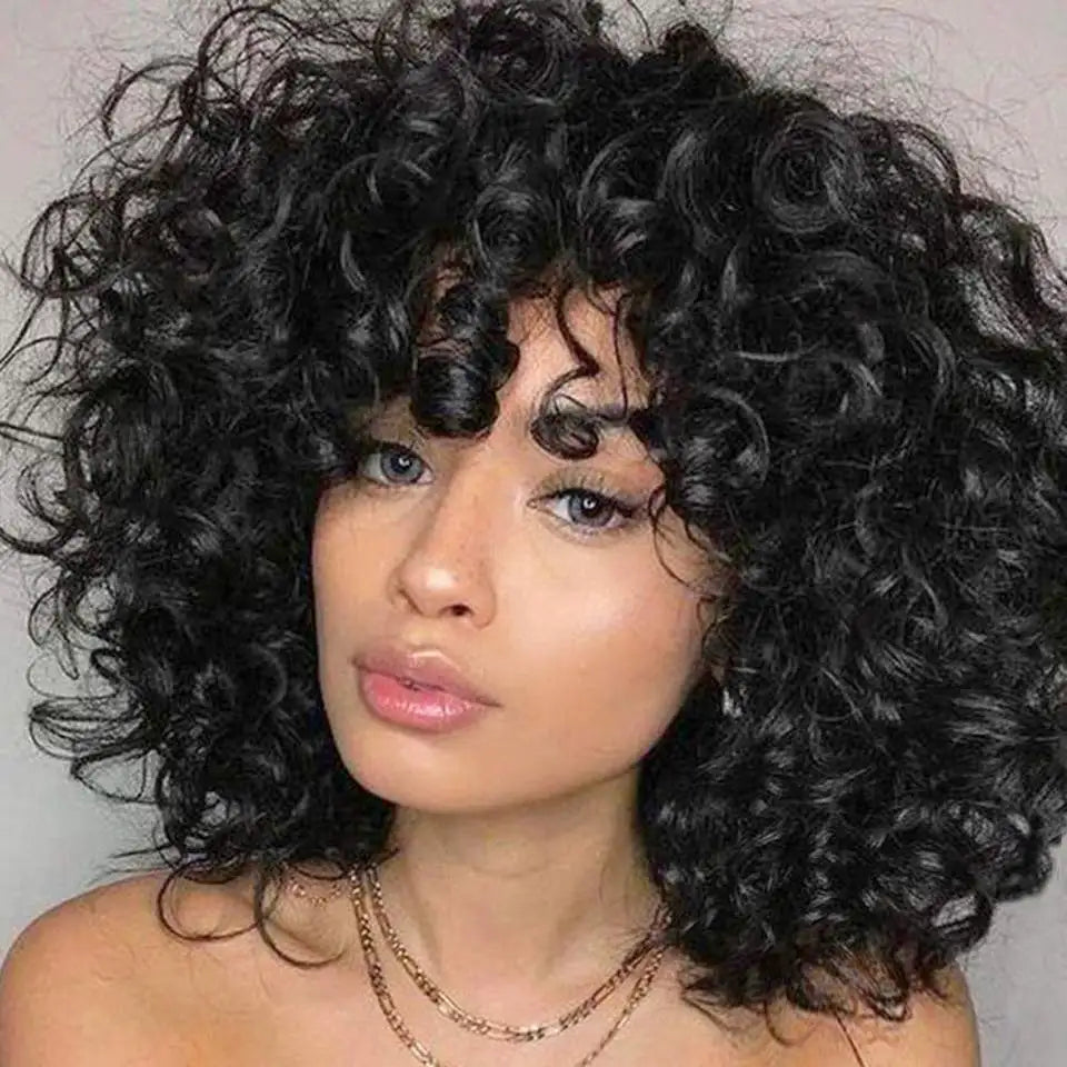 NOBLE Water Wave Human Hair Short Bob Wigs With Bangs for Black Women None Lace Front Glueless Curly Bob Wig
