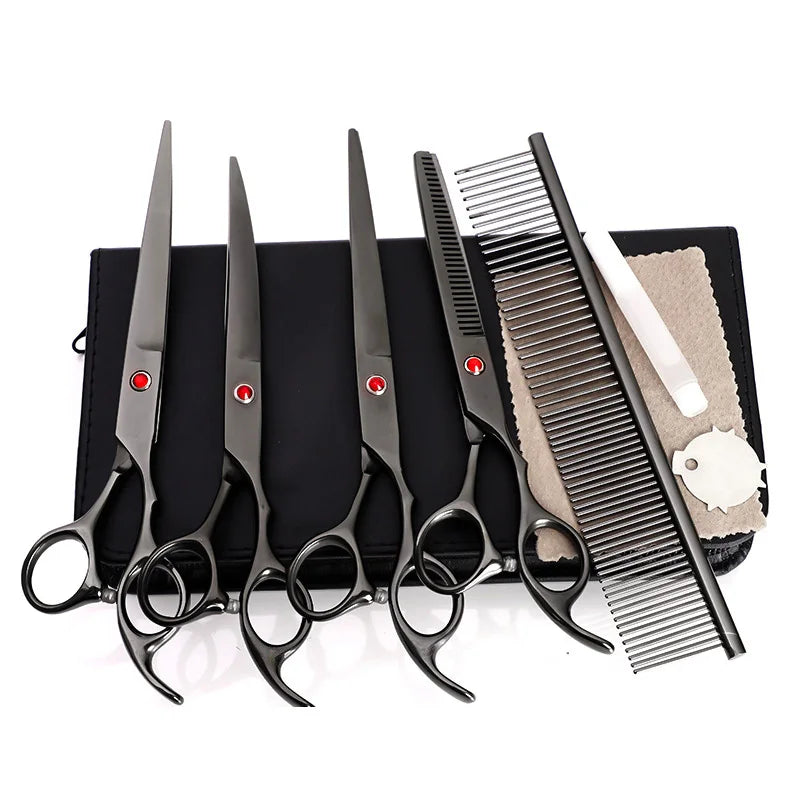 SHIMAMO 7 Inch Black Stainless Steel Eco-Friendly Dog Grooming Scissors Set with Teeth Clippers
