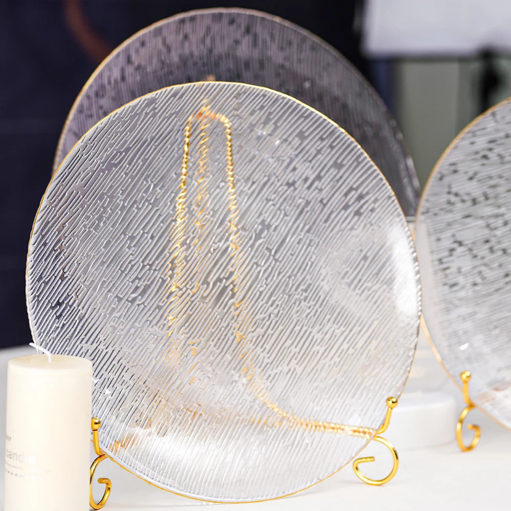 Wholesale Elegant Large Clear Gold Rim Round Glass Plate Charger Handmade Transparent Wedding Plate