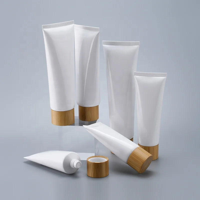 Luxury 50ml-150ml Bamboo Cosmetic Plastic Tubes Empty Refillable Cosmetic Containers with Lid for Eye Cream and Cleanser