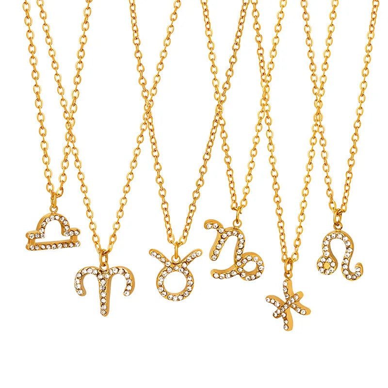 Wholesale Customized Stainless Steel Crystal Jewelry Gold Plated Adjustable Zodiac Rhinestone Pendant Necklace