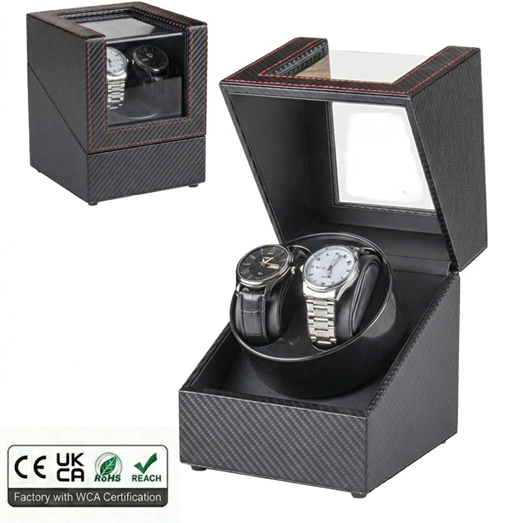 Carbon Fiber PU Leather Double Watch Winder 2 Slots with L Shaped Acrylic Window Silent Motor for Luxury Automatic Watches Case